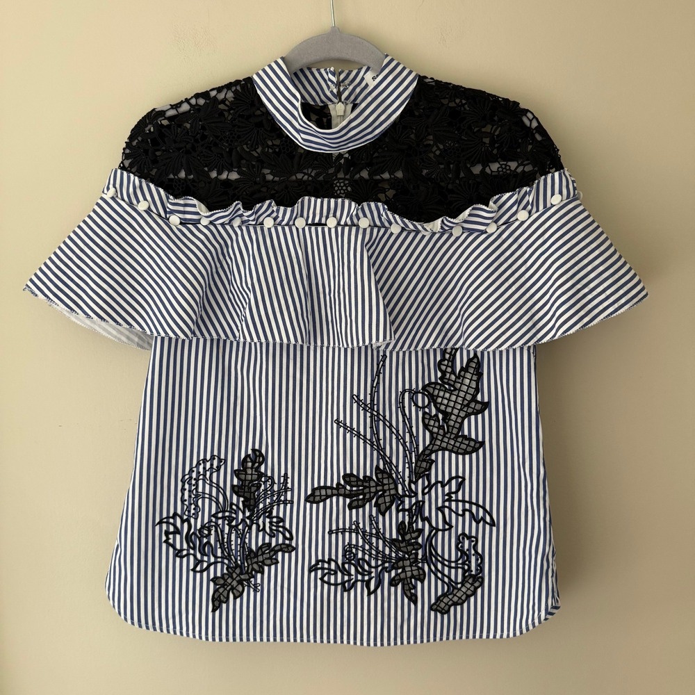 Self-Portrait Blue White Striped Lace Ruffle Top SP13-037 Embroidered Floral